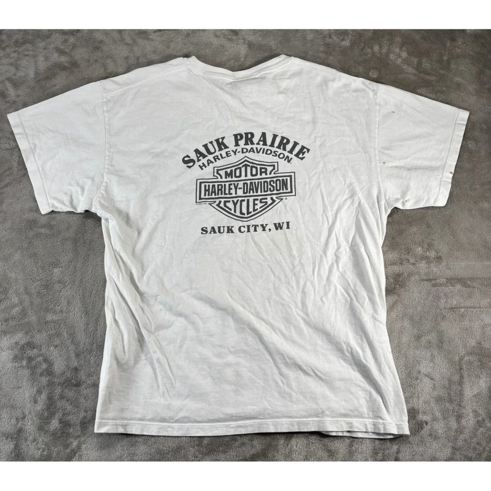 VTG Harley-Davidson T-Shirt Mens XL White Eagle Flag Sauk Prairie WI USA‎ Made